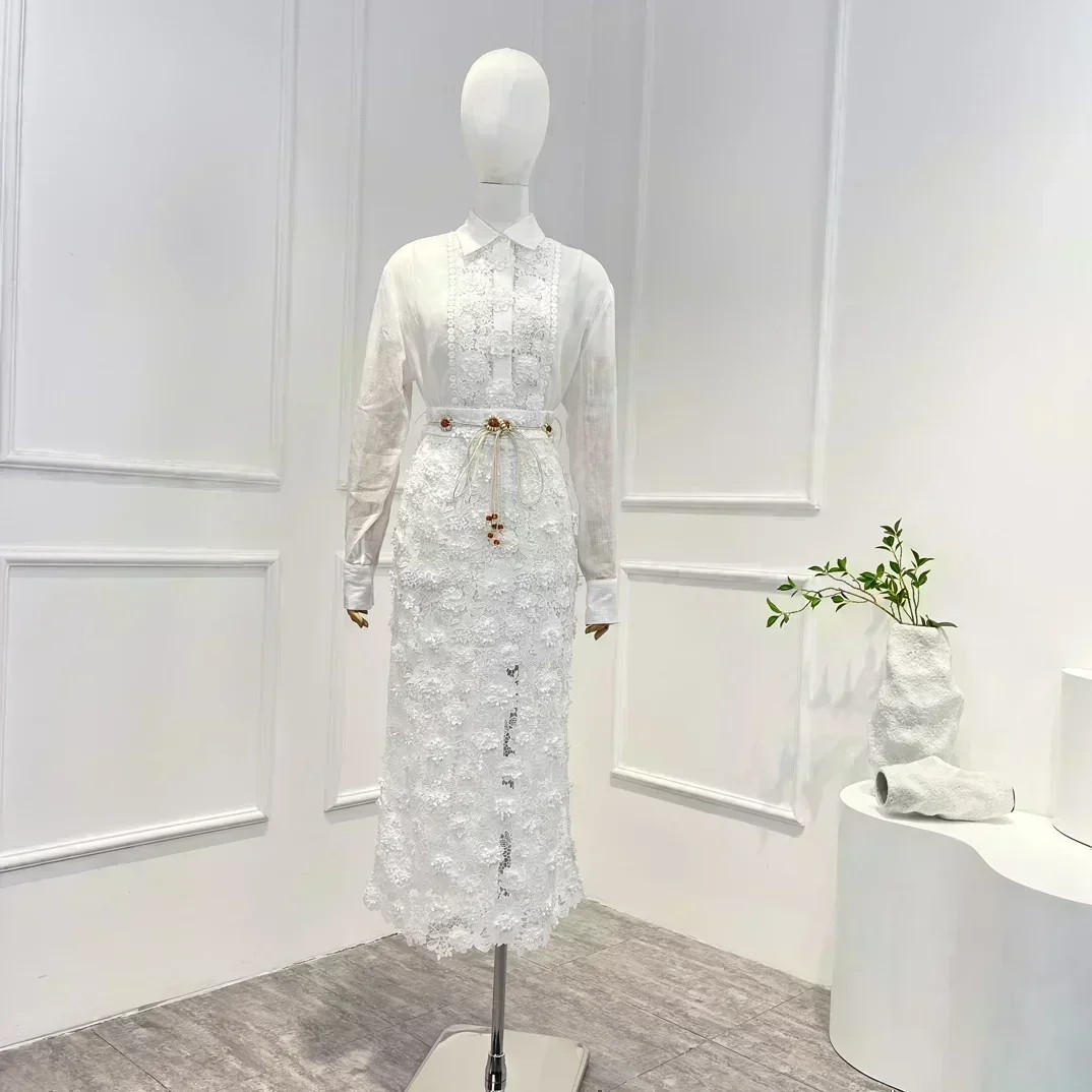 

2023 Top Quality New Spring Summer Solid White Hook Flower Hollow Lace Blouse Midi Skirt with Beading Belt Matching Set Lady