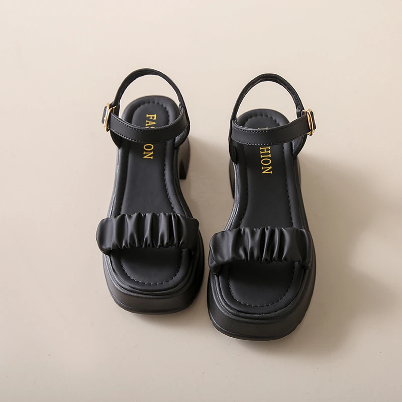 

2023 Women's Summer New Solid Color Fairy Style One Line Buckle Thick Sole Sandals Mesh Infrared Wearing High Heels Female