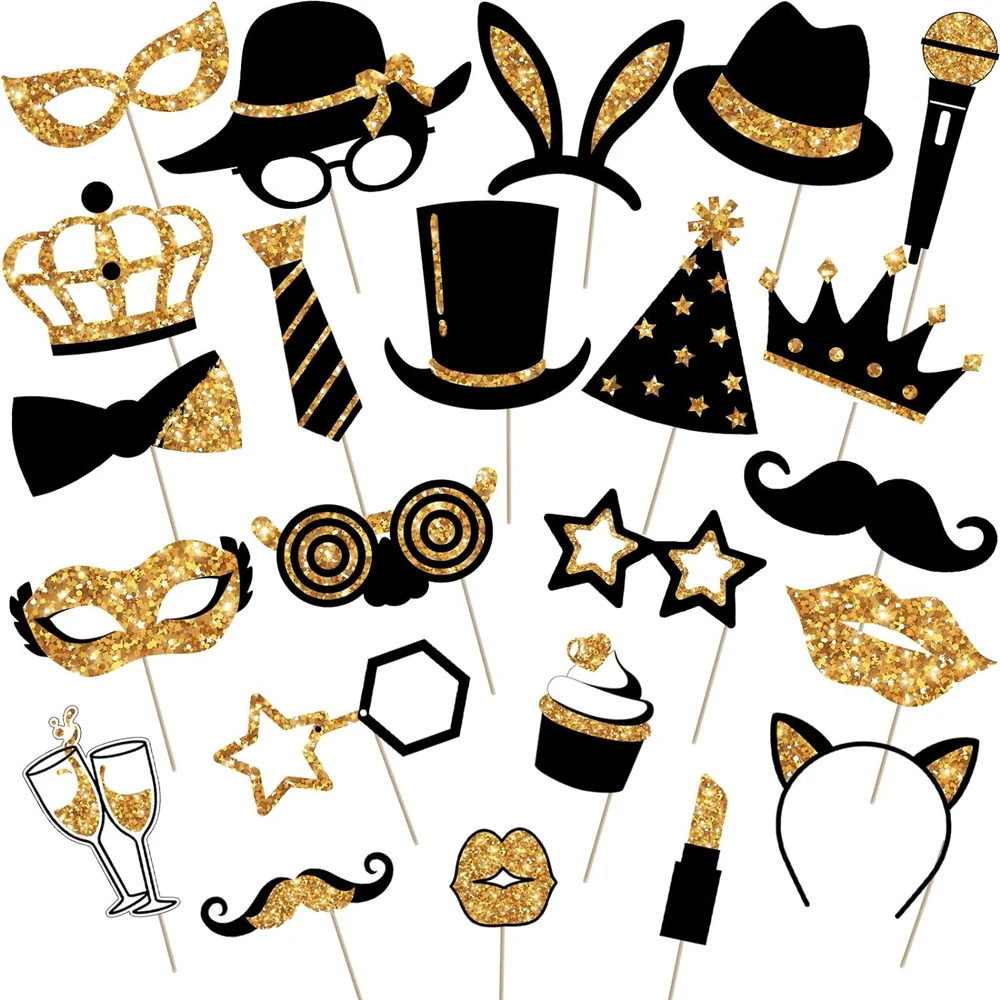 Party Photo Booth Props for Birthday Weddings Graduation Prom New Year Party Supplies Mix of Hats Lipstick Tie Crowns 24 Pieces party photo props