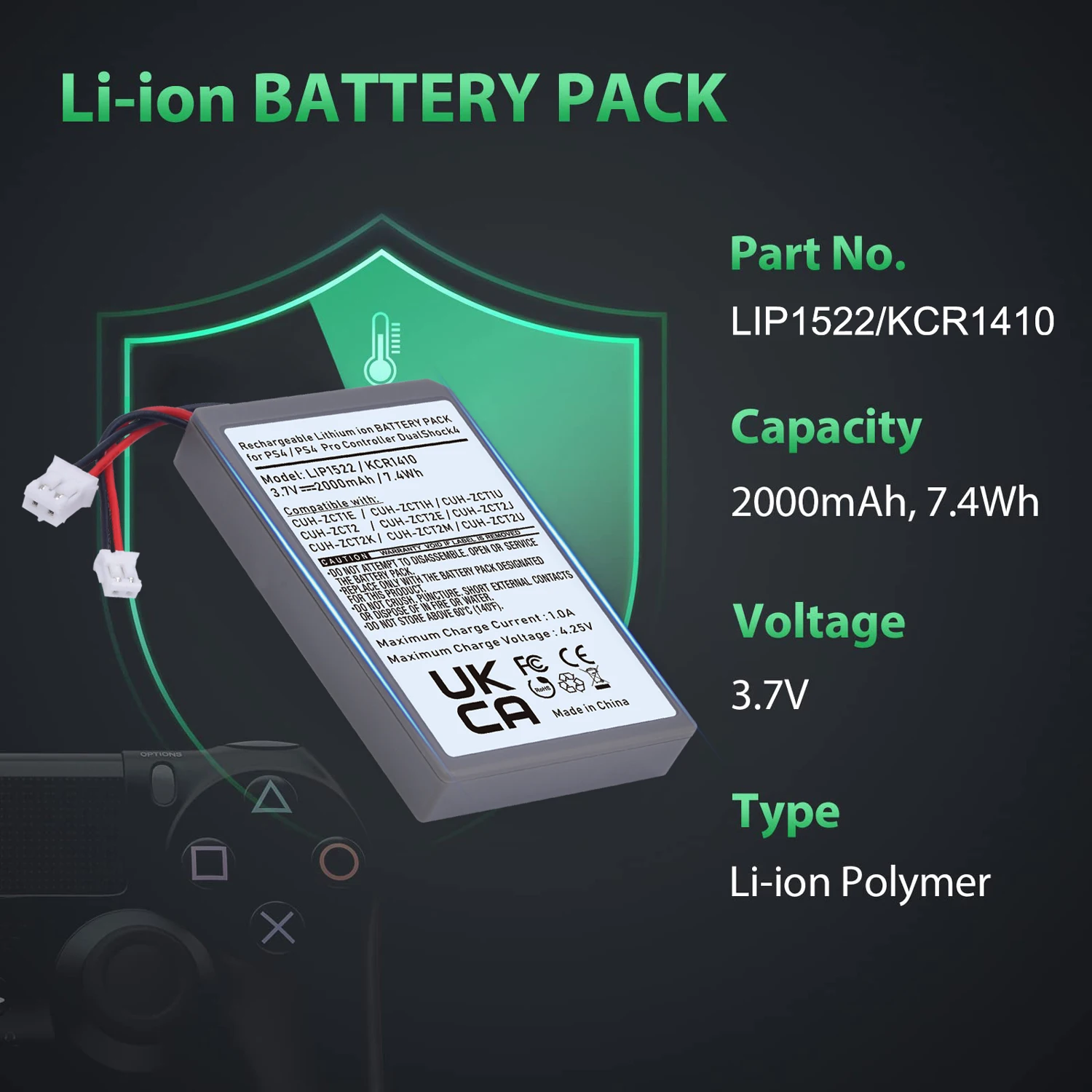  Batería de 3.7 V 1800 mAh para controlador PS4 Reemplazo de  batería LIP1522 1000mAh Baterías Pack (Cuh-ZCT1U Batería 2 unidades) :  Videojuegos