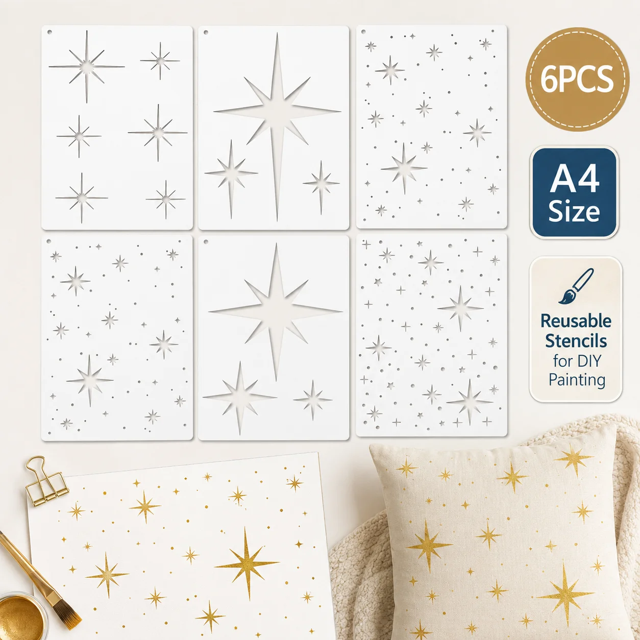 6PCS A4 스타 스텐실 세트 8.3 x 11.7인치 DIY 벽 목재 패브릭 캔버스 장 재사용 가능한 페인팅 템플릿