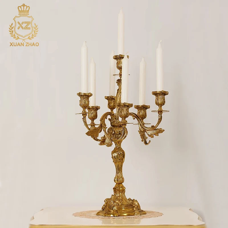

French Vintage Luxury Brass Decorative Candlestick European Candle Villa Living Dining Room Dewaxing Copper Craft Decoration