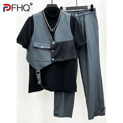 PFHQ 2023 Summer New Fashion Men's 2 Pcs Set V-neck Contrast Color Sleeveless Vests High Waist Straight Pants Sets Men 21F3733
