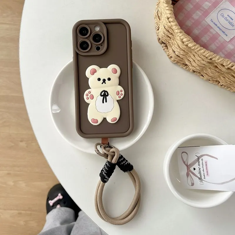 Adorable Bear Lanyard Phone Case with Soft Rope Cover