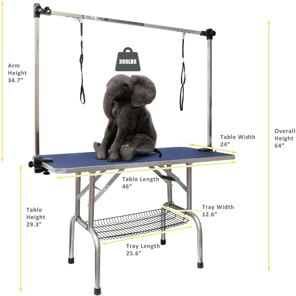 Folding 46-inch Pet Grooming Table with Adjustable Height Arm, Noose, and Mesh Tray for Home Bathing Station