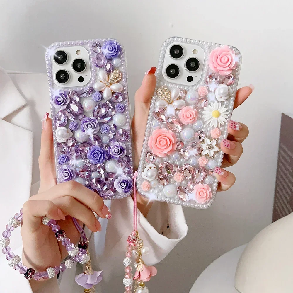 

Elegant Rose Cover with Hand Chain, Jewelled Phone Case for IPhone 15 14 13 11 12 Pro Max XR XS Max 7 8 Plus