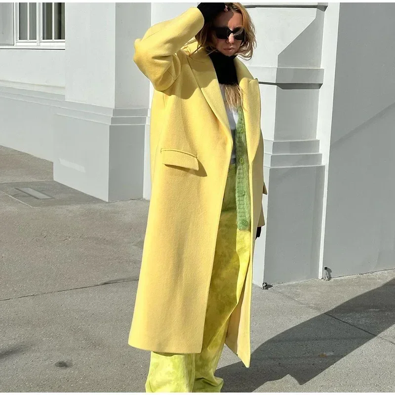 Fashion Woolen Long Coat Women Autumn Full Sleeve Button Fake Pocket Split Yellow Overcoat Elegant Oversize New in Outwear