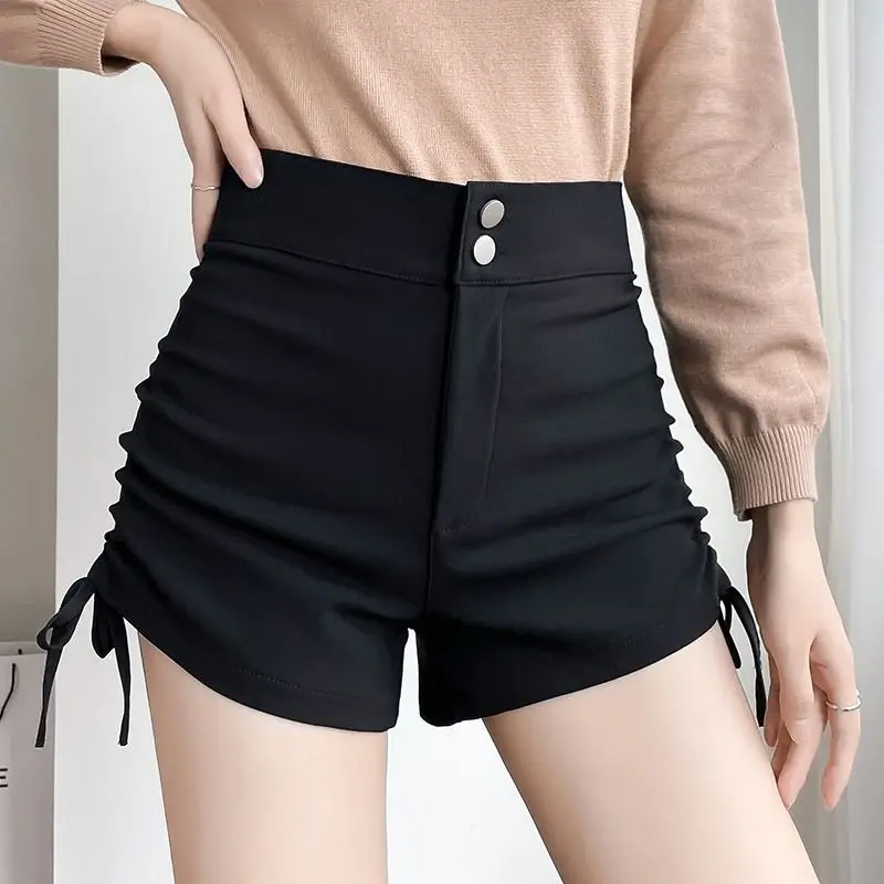 Summer New Black Drawstring A-line Wide Leg Shorts High Waist Solid Slim All-match Hot Pants Fashion Sexy Y2K Women Clothing