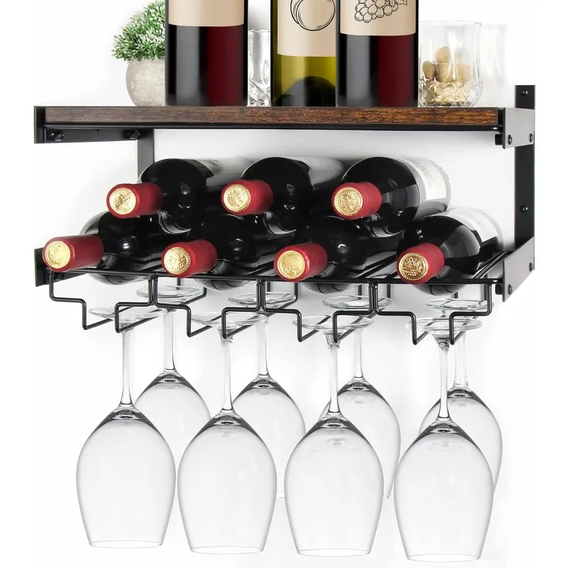 Wine Rack Wall Mounted with Stemware Rack, Glass Rack Wall Mounted,Industrial Wine Glass