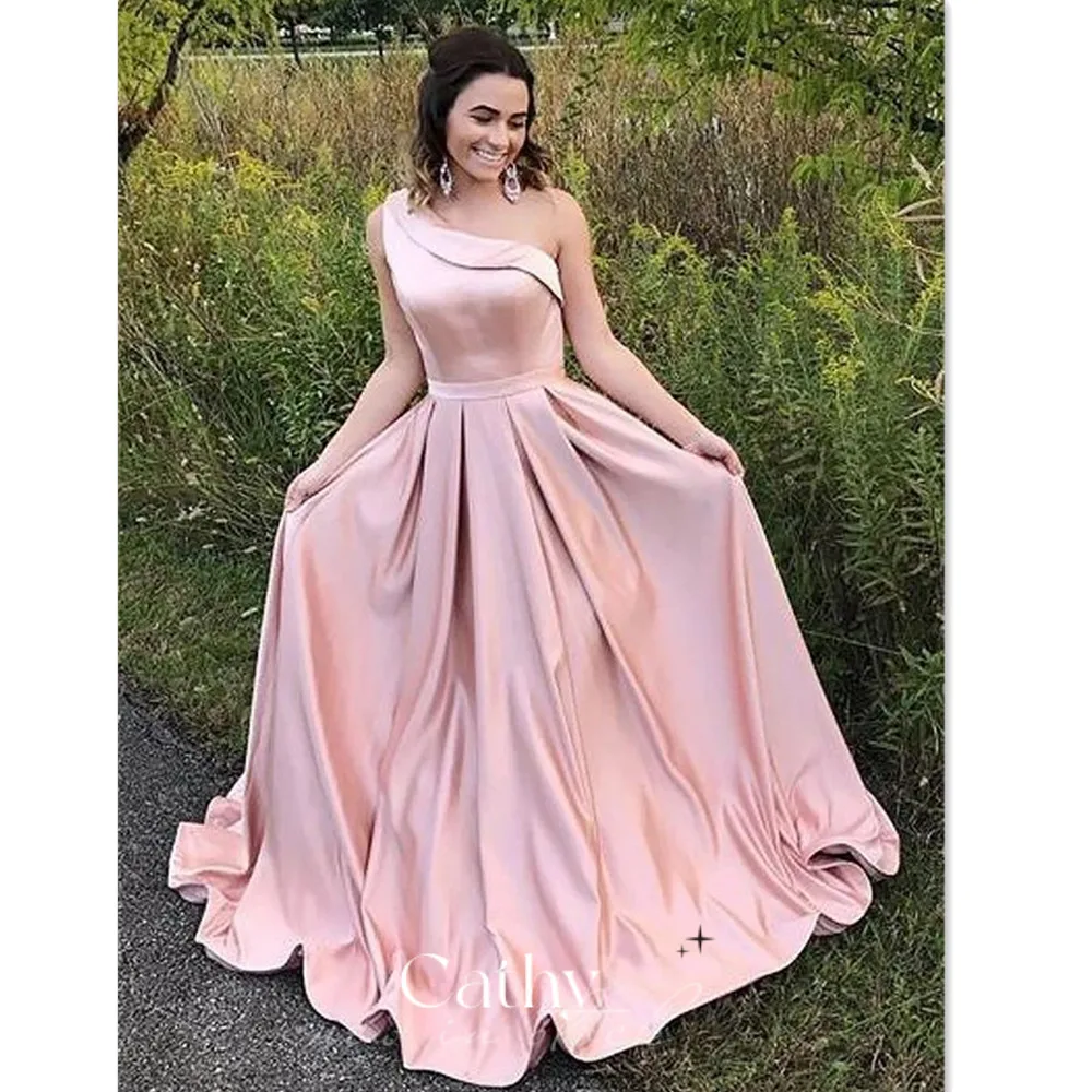 Gentle Light Pink Evening Dress Elegant Silk Satin Party Dress One Shoulder  Prom Dresses Sleeveless Vestidos De Fiesta Color Pink US Size 2