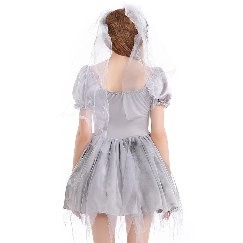 Grey Woman Corpse Bride Cosplay Female Halloween Zombie Walking Dead Costumes Carnival Purim Parade Role Play Show Party Dress