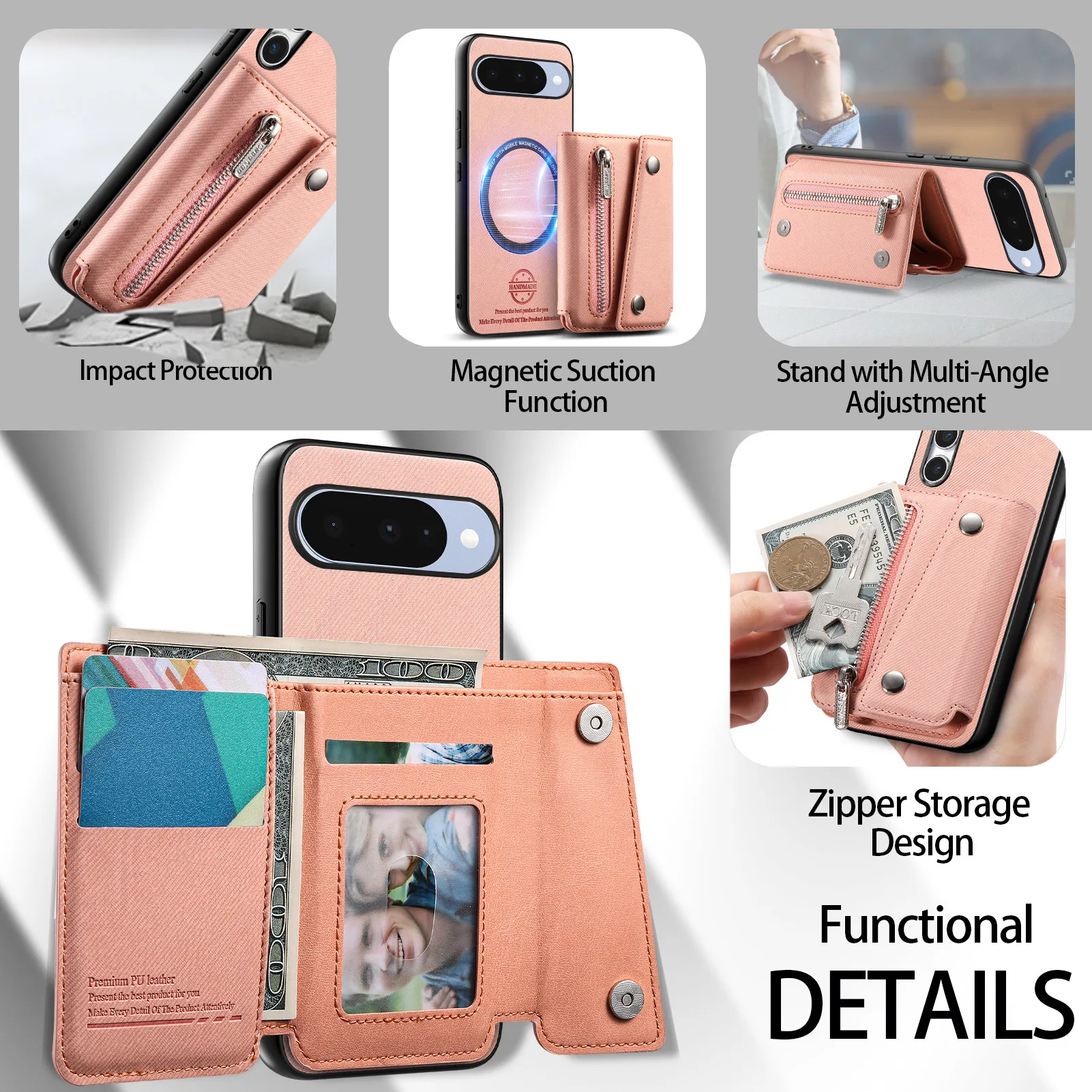 Versatile Magnetic Wallet Phone Case with Card Holder & Zipper Pocket