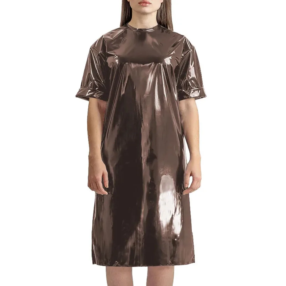 Plus Size Womens Loose Fitting T-shirt Dress Shiny PVC Leather Short Sleeve O-neck Over Knee Dress Punk Solid Color Long T-Shirt 4