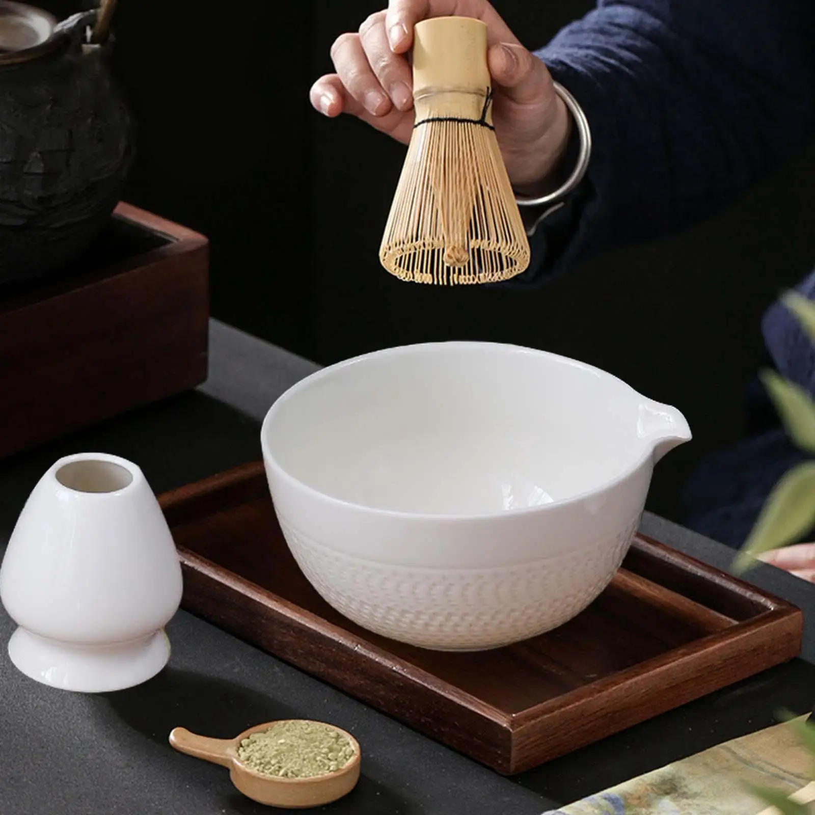 2 Pieces Ceramic Matcha Bowls and Whisk Holder Traditional Portable Handmade Matcha Ceremony for Table Party Office Holiday Home