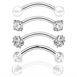 5-Piece Crystal Piercing Jewelry Set - Curved Barbells & Studs for Eyebrow, Rook, Tragus, Helix, and Cartilage (White)