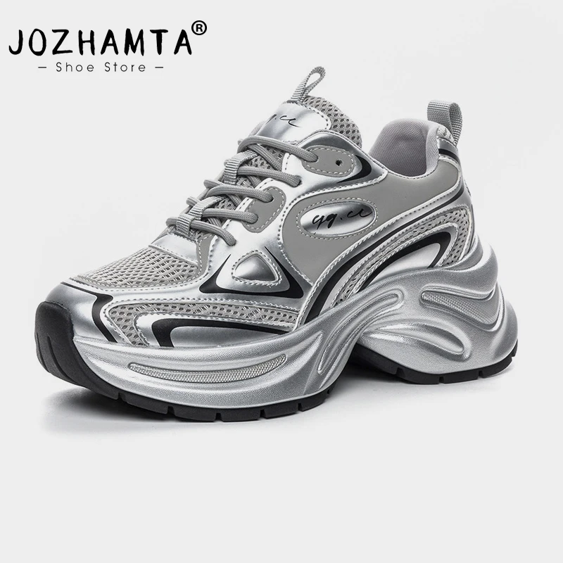 

Женские кроссовки на платформе JOZHAMTA, повседневные кроссовки на высоком каблуке, на шнуровке, на плоской подошве, размер 35-40, весна-осень 2024
