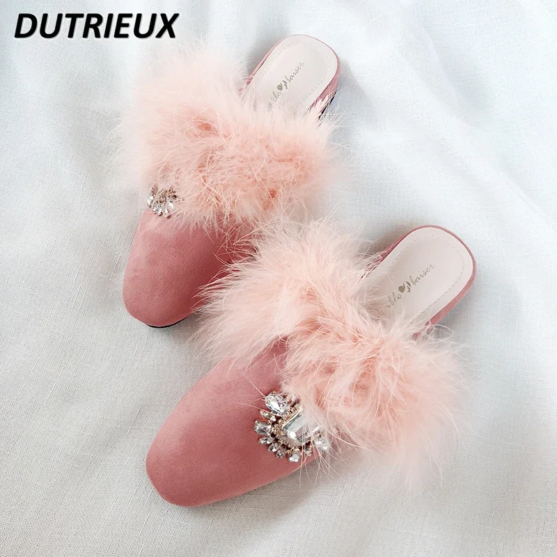 

Autumn Winter Women's Slippers Ostrich Feather Delicate Rhinestone Elegant Lady Shoes Sweet High-Grade Square Toe Elegant Shoes
