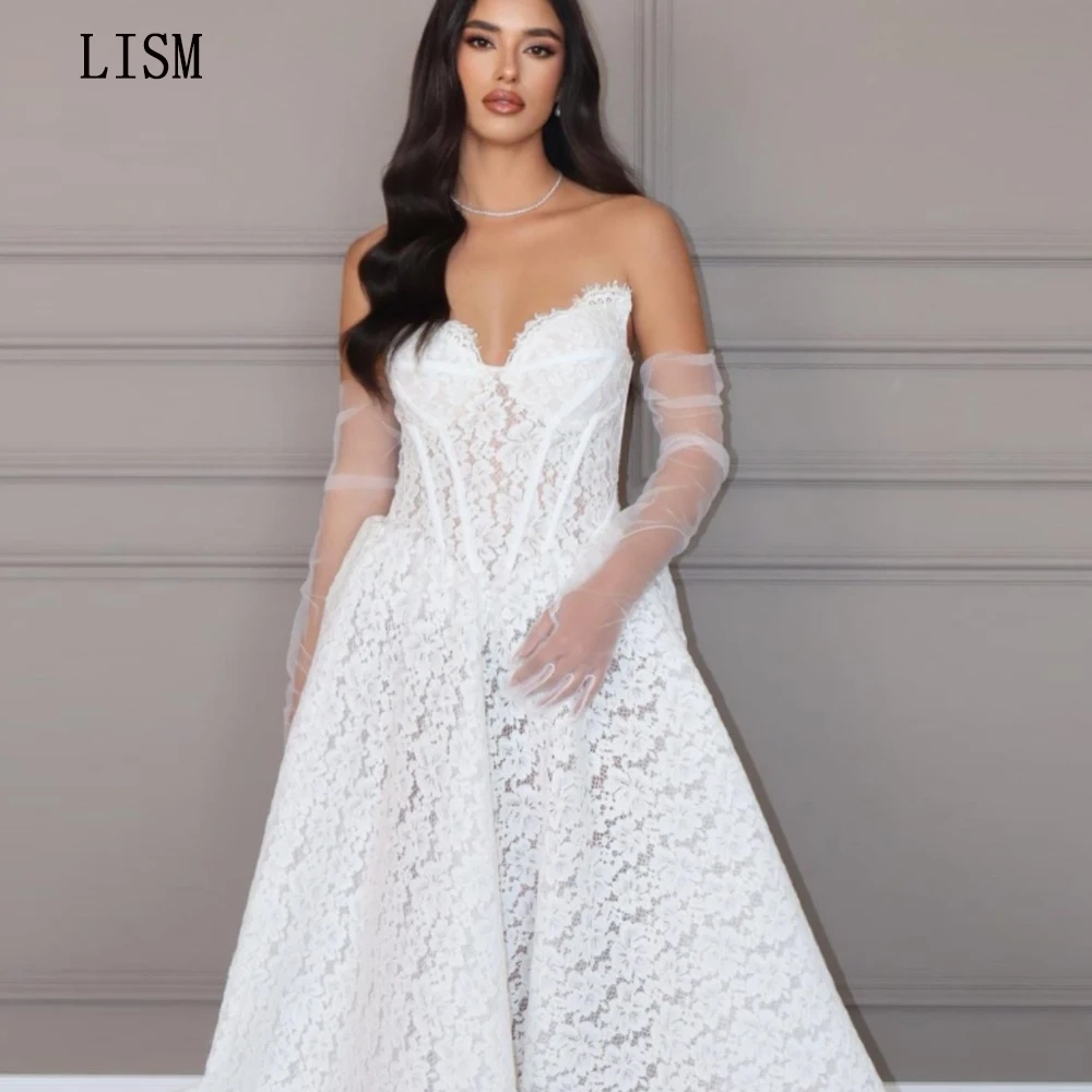 

LISM Graceful Lace Beach Wedding Dress Strapless Sweetheart Vestido De Novia Boho With Free Gloves Fancy Bride Gown Custom Made