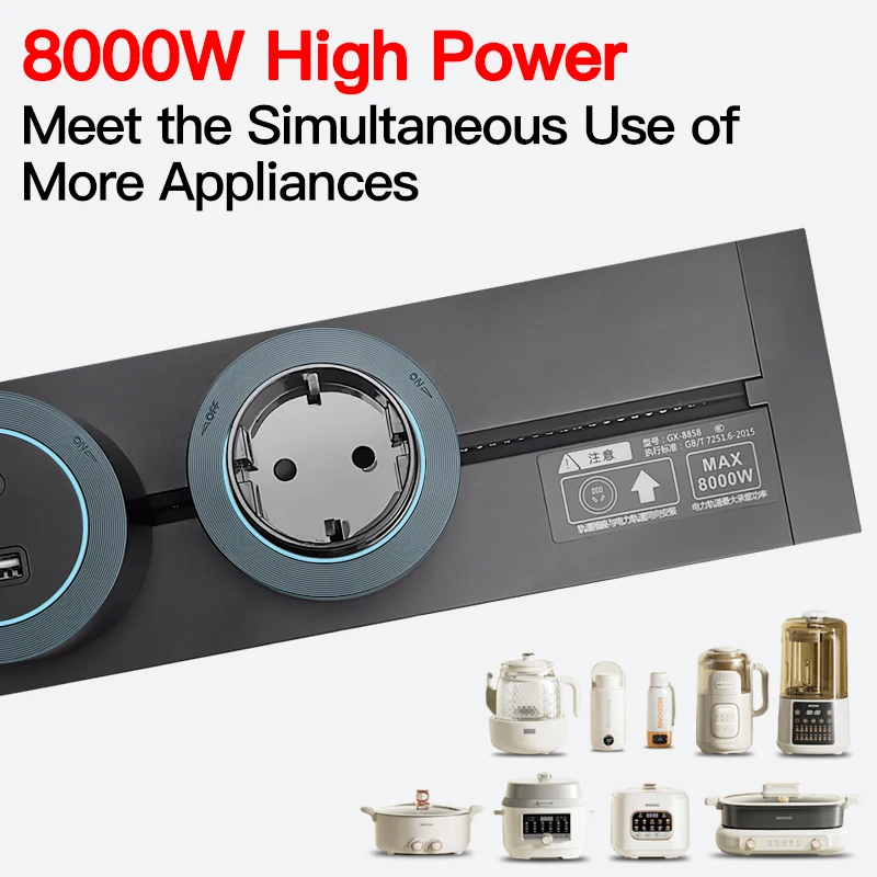 Wall‑Mounted Power Track Outlet Rail, Modular Sliding Socket Strip with USB‑C, US/EU/UK Adapters, Grey/Black, For Office Home 4