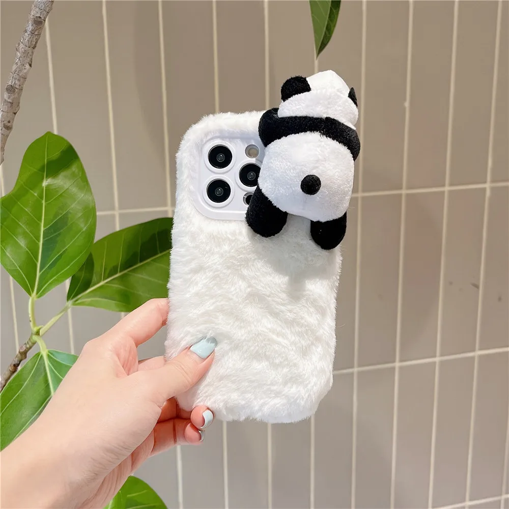 3D Cute Back Toy Panda Winter Warm Furry Phone Case For