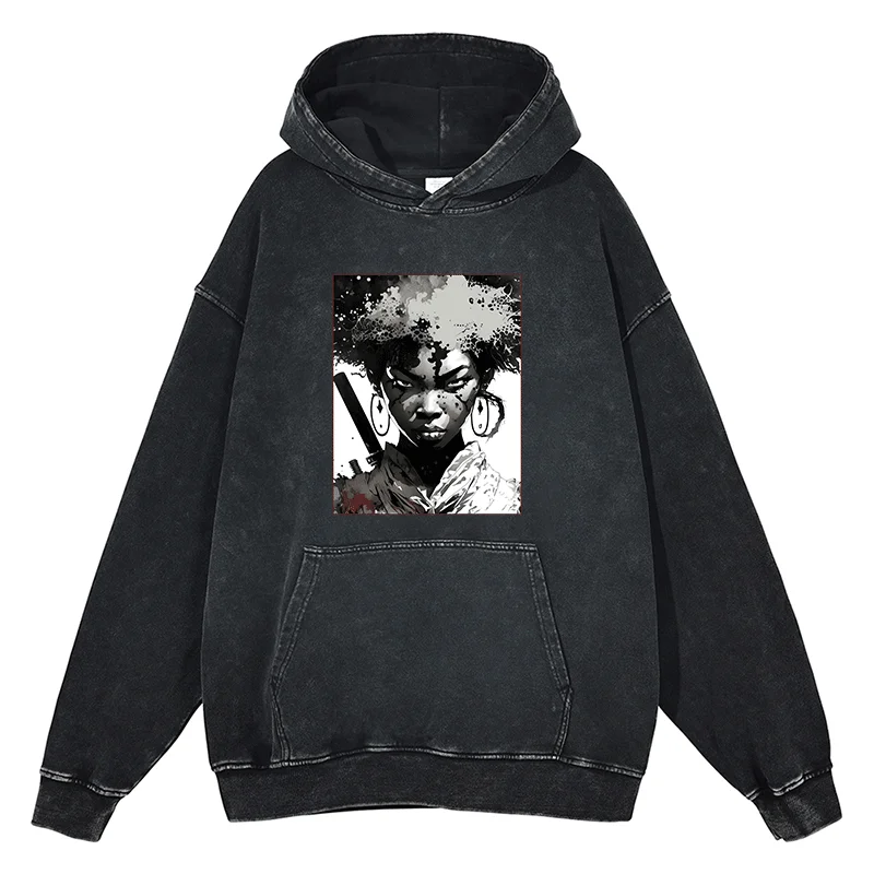 

AFRO SAMURAI Hoodies Japanese Anime Styl Bombshell Samurai Graphic Pullover Winter Cotton Vintage Men Women Oversized Sweatshirt