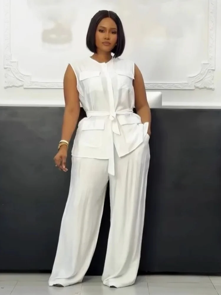 Wmstar 2025 Summer Elegant Casual Two Piece Set of Casual Round Neck Sleeveless Cardigan  Vest  Wide Leg Pants Solid Color