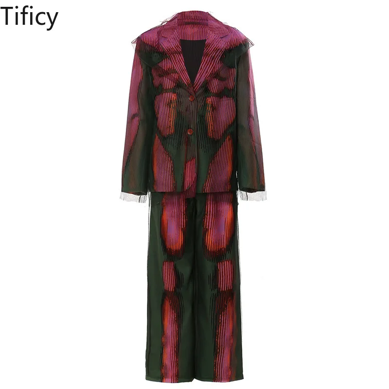 

New Personalized Graffiti Mesh Splice Printing Two Piece Fashion Set Women's Blazer and Pants 2pcs Set