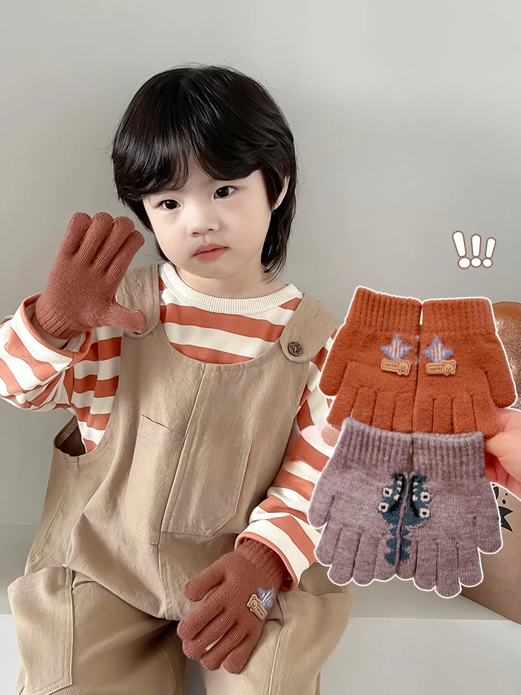 New Children Winter Knitting Football Bear Plush Soft Five Finger Gloves Baby Boys Outdoor Warm Gloves Kids Colors