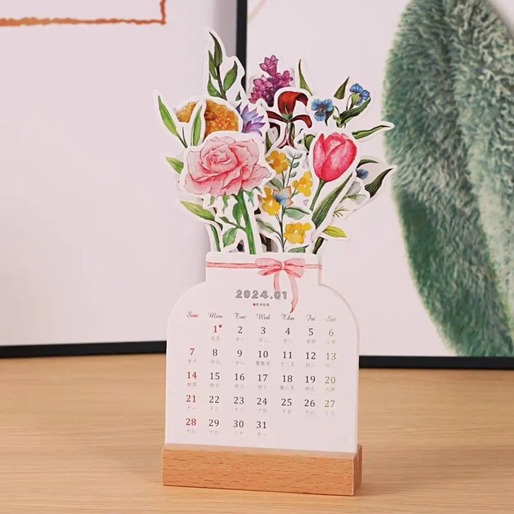 

2024 Rose Bloomy Flower Desk Calendar Wooden Card Calendar Desktop Decorate Supplies Creative Floral Series Calendar
