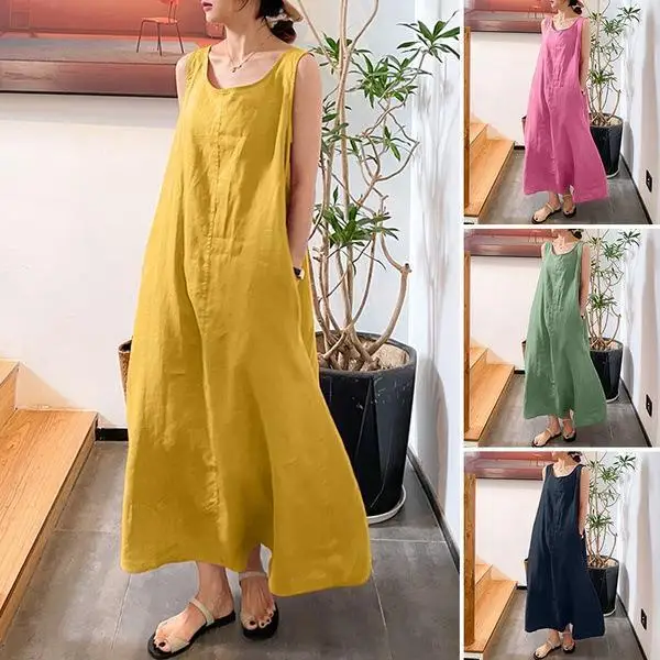 

Summer Women Sleeveless Sundress Elegant Round Neck Cotton Linen Solid Long Tank Dress Vintage Pockets Beach Vestidos 2024