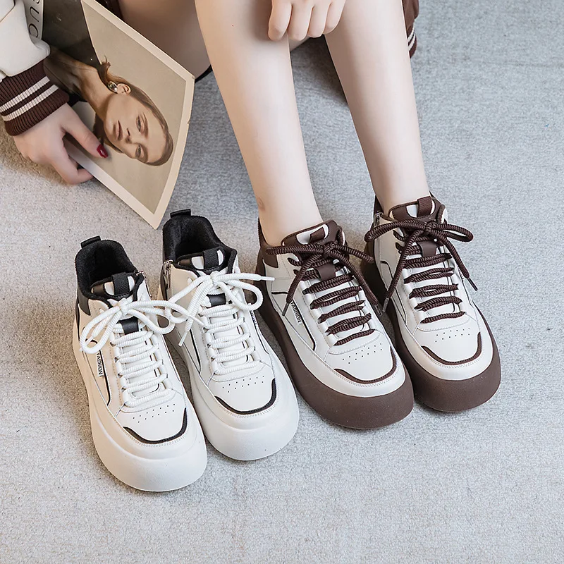 women's shoes genuine leather high top dad's shoes 2023 autumn and winter plush flat bottoms casual sports shoes