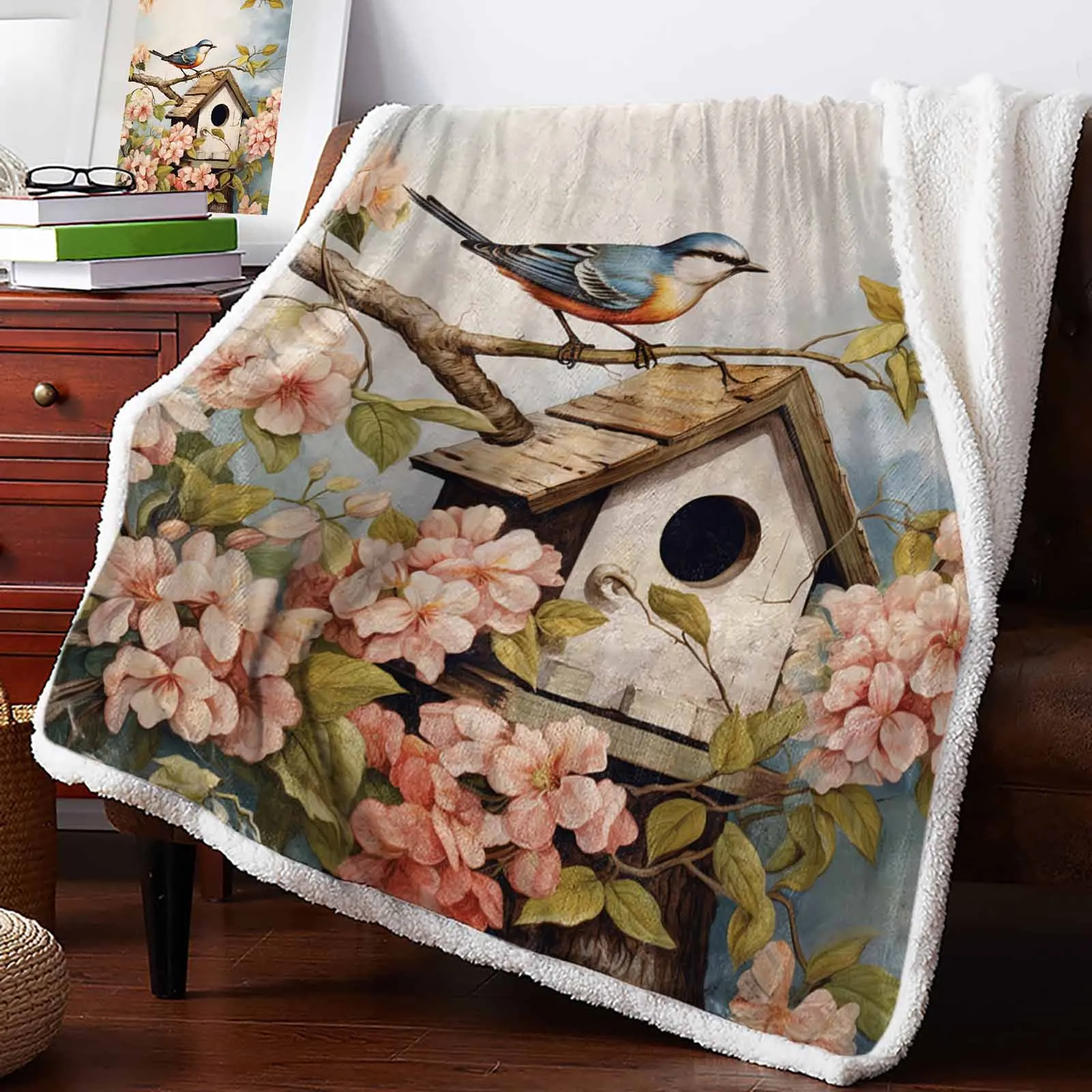 

Spring Vintage Birdhouse Flowers Birds Cashmere Blanket Winter Warm Soft Throw Blankets for Beds Sofa Wool Blanket Bedspread