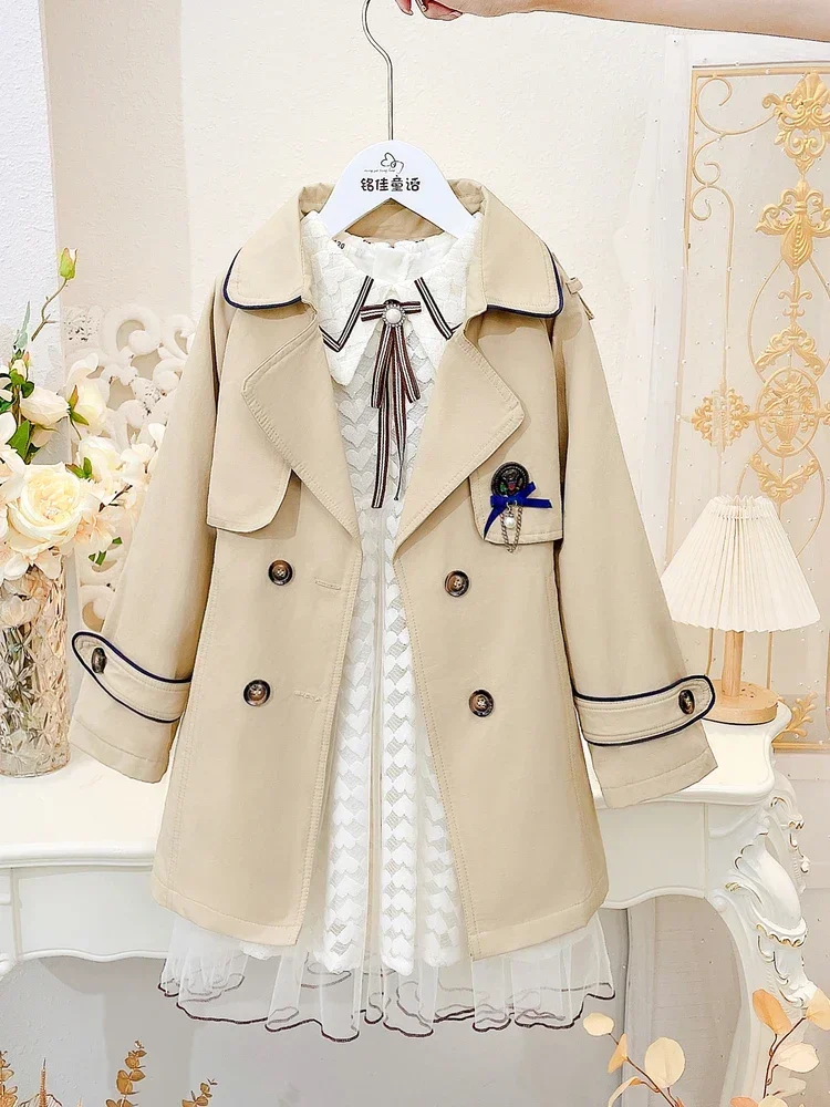 4-14 Years Spring Autumn Girls Windbreaker Trench Coat Windproof Children Kid's Mid-Length Jacket Coat Baby Teenagers Overcoat