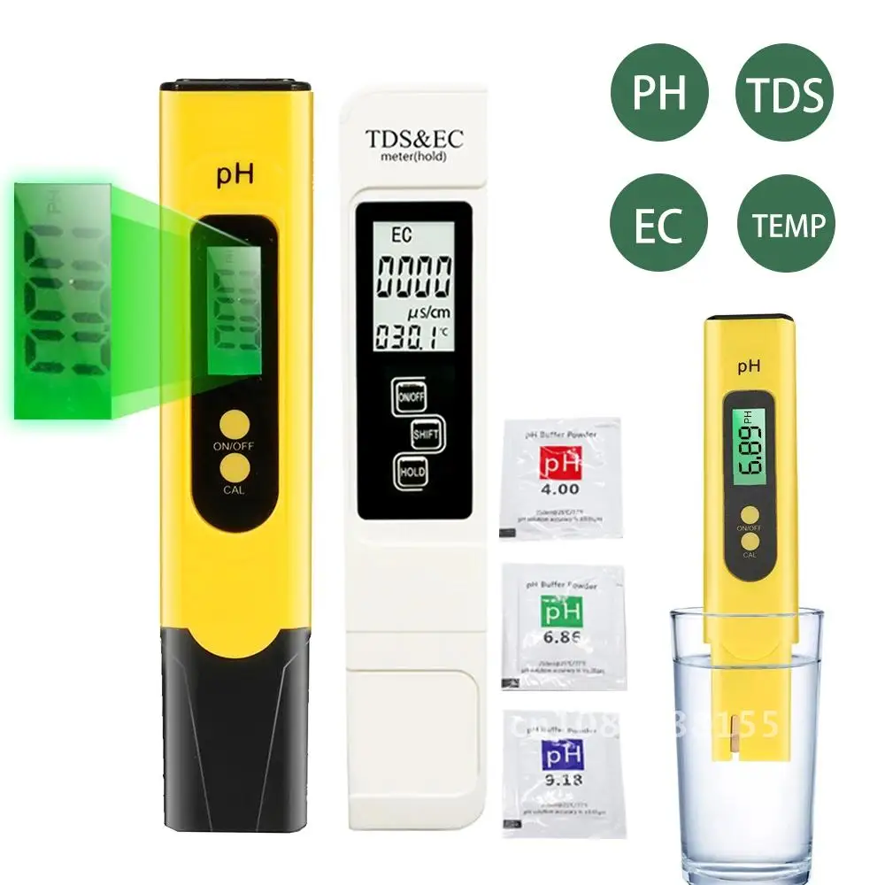 

Digital LCD Water Quality Purity Temperature Tester PH Meter Pen Type TDS EC PH Meter 0.0-14.0 Range for Household Hydroponics