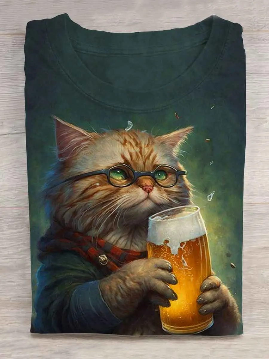 

Cat Drink Beer Funny Print T-shirt Summer men's and women's short-sleeved casual tops T-shirts