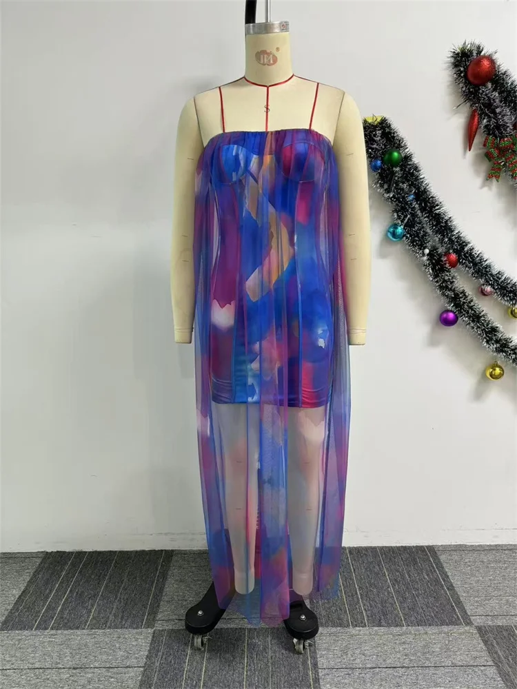 Wmstar Dress Women Wholesale Print Sexy See Through Elastic Mesh Fabric Patchwork Off Shoulder Elengant Evening Dresses Summer