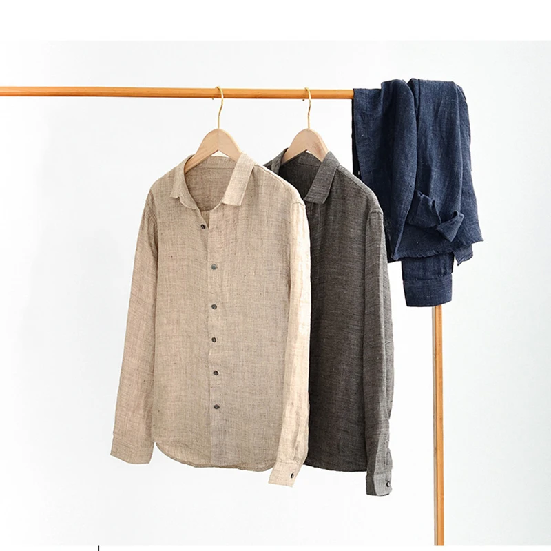 

Summer Natural Linen Shirts For Men Breathable Skin-Friendly Japan Style Vintage Casual Loose Thin Long Sleeve Lapel Shirt