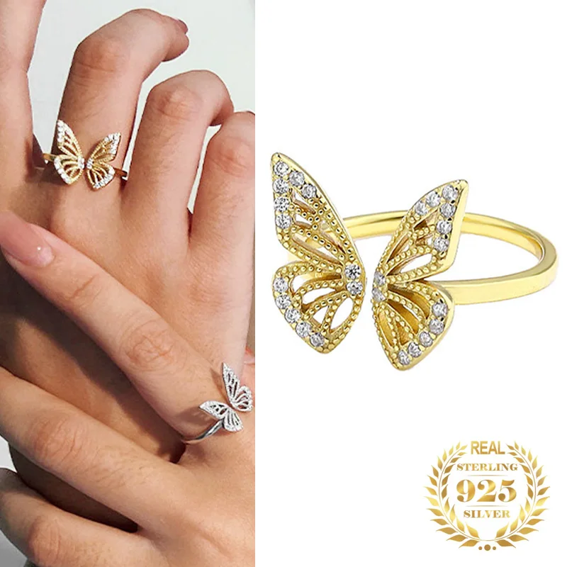 

Trendy Zircon Butterfly Rings 925 Sterling Silver Gold Plated Luxury Band Rings For Women Butterfly Fashion Fine Jewelry