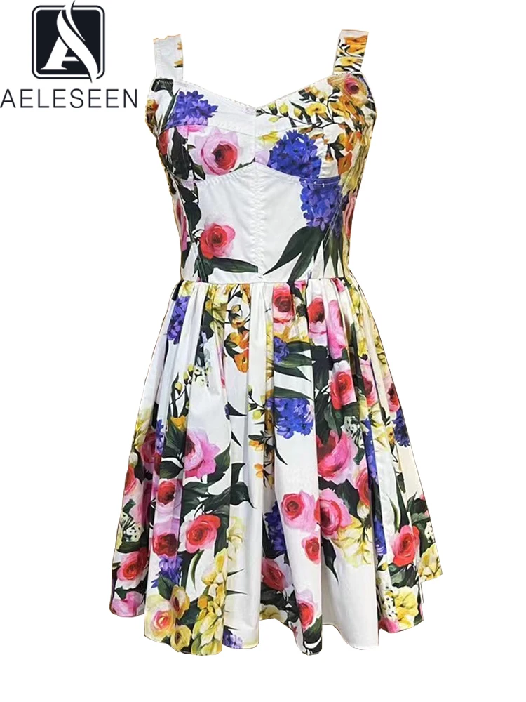 

AELESEEN Runway Fashion 100% Cotton Dress Women Summer Spaghetti Strap Romantic Rose Flower Print V-Neck Sicilian Mini Poplin