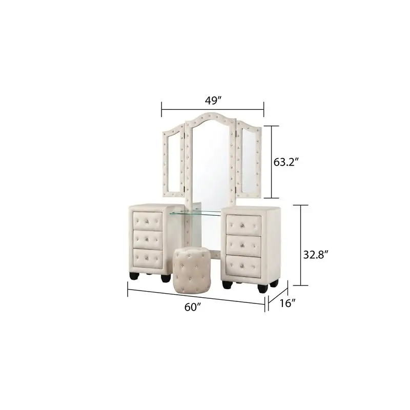 Modern Queen 5-Piece Vanity Bedroom Set – Cream Wood with USB Ports 2