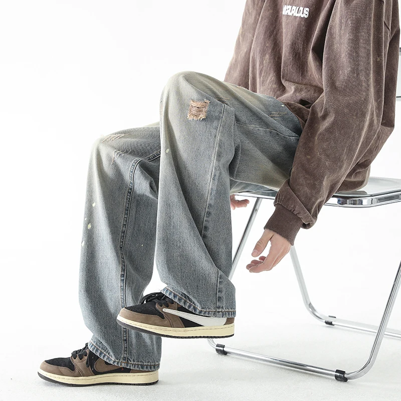 

Men's New Wide-leg Denim Trousers High Street American Retro Distressed Straight Leg Pants Fashion Brand Drape Loose Trousers