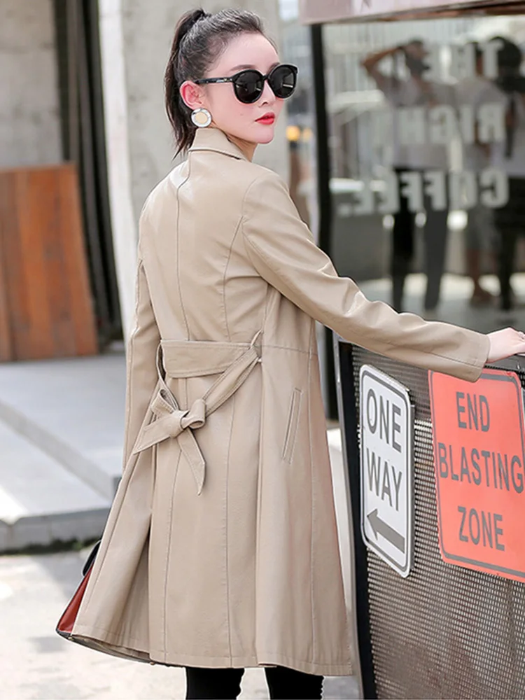 New Women Leather Coat Spring Autumn Fashion Shirt Collar Slim Waist Sheepskin Trench Coat Blue Long Outerwear Split Leather