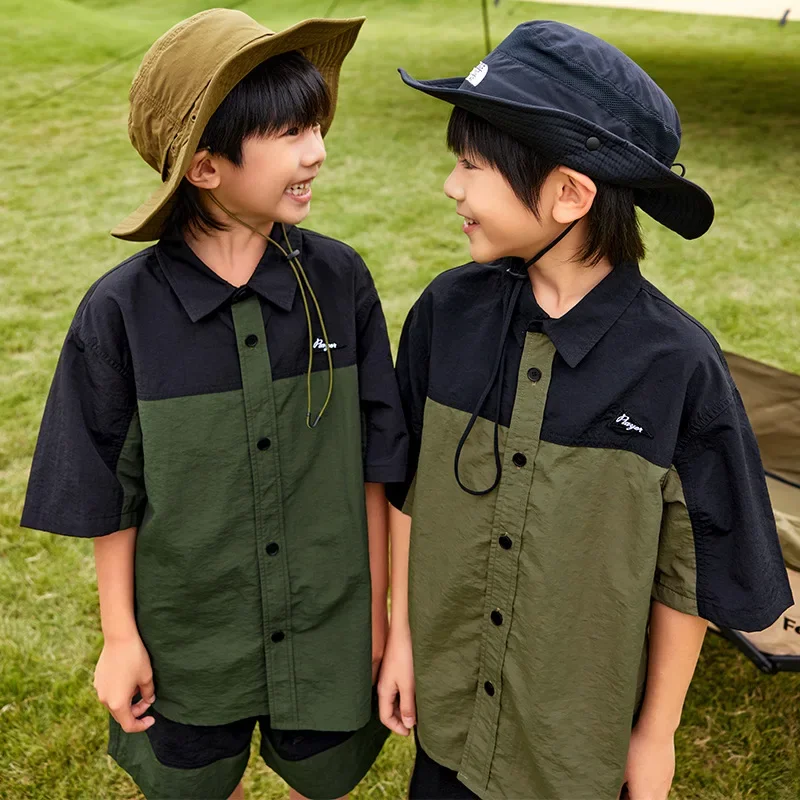 EKchildren's Outdoor Mountain Camping Quick-Drying Color Blocking Boys Loose-Fit Short Sleeve Shirt Stylish Medium To Large Chil