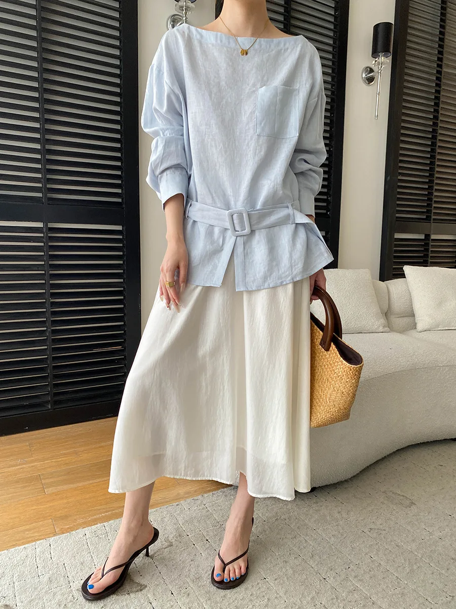Frühlings- und Sommerbluse für Damen, einfarbig, mit Taillengürtel, langärmlig, im Commuter-Stil. – Detail 3