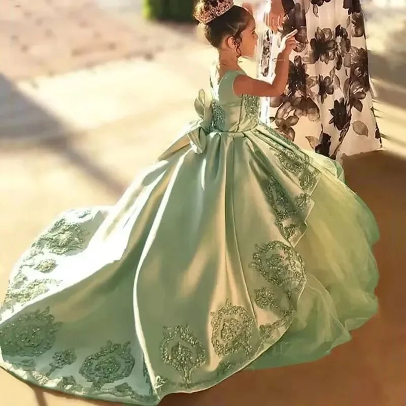 Green Flower Girl Dresses For Wedding Floor Length Appliques With Bow Kids Birthday Party First Communion Ball Gown