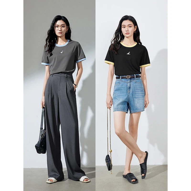 TOYOUTH Women T-shirt Summer Sorona Contrasting Edge O Neck Short Sleeve Animal Embroidery Casual T-shirt 3 Colors