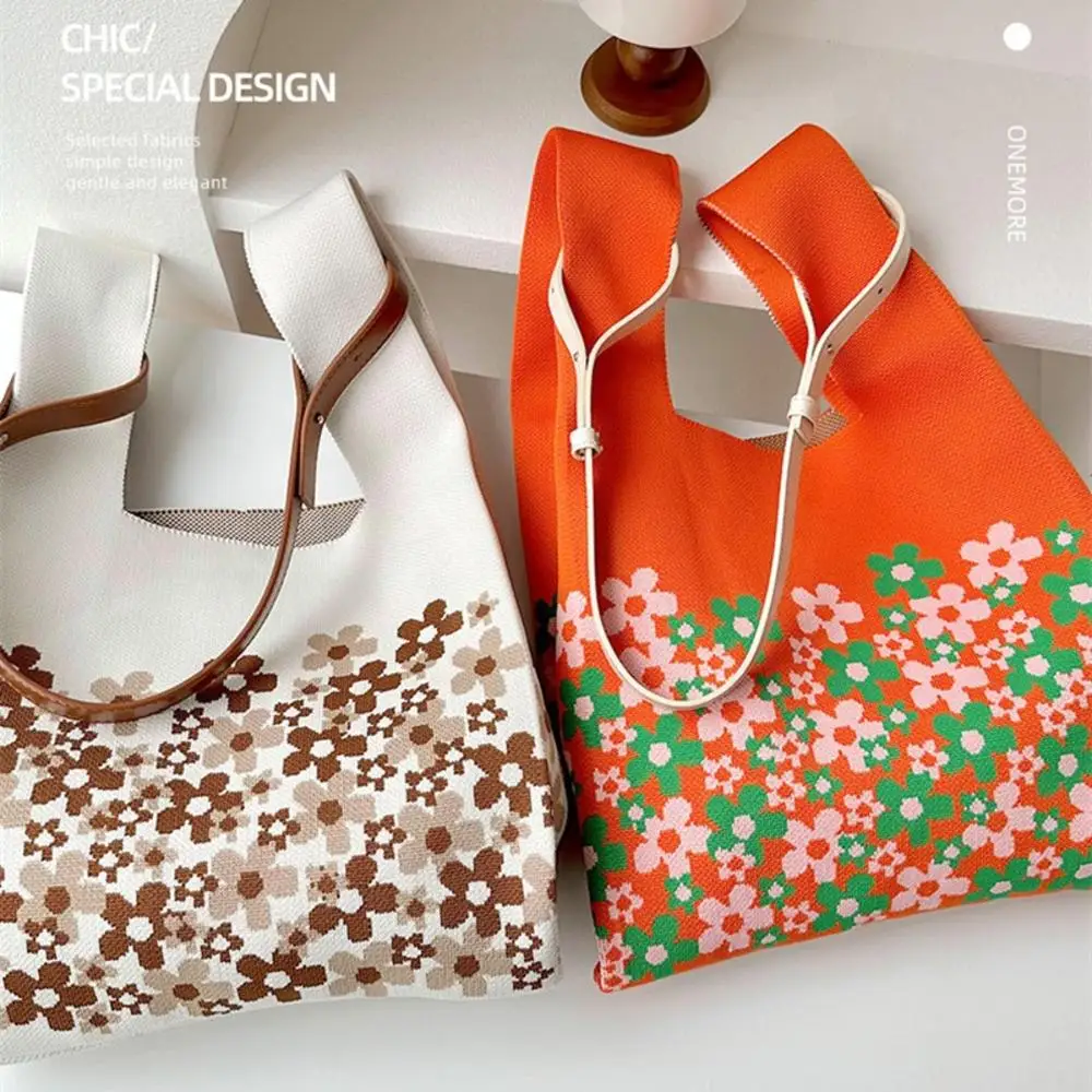 

Handmade Knit Handbag Women Mini Knot Wrist-bag Female Casual Color Wide Stripe Plaid Tote Bag Student Reusable Shopping Bag