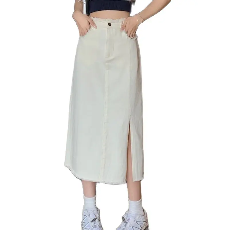 

Female denim skirt high-waisted raw edge front asymmetry split patch pocket package hip skirt