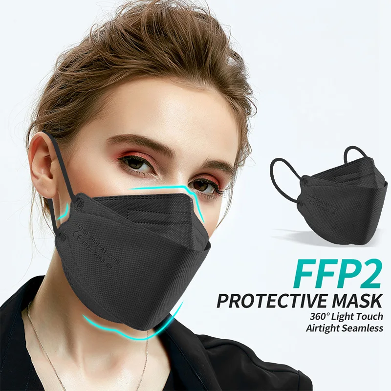 Variété de masques FFP2 noirs et blancs disposés en éventail, illustrant la protection respiratoire certifiée pour adultes.