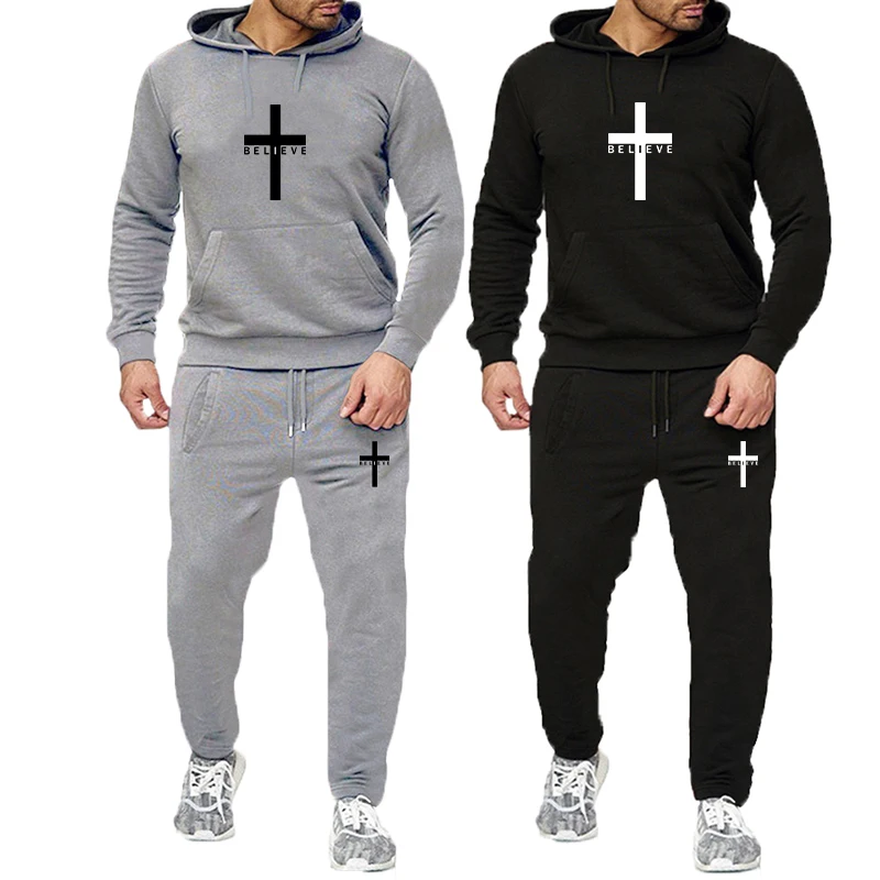 Tuveke Latest Fall Winter I Believe in Christian Jesus Logo Casual Suit Solid Color Hooded Drawstring 2-Piece Set (S-4XL)
